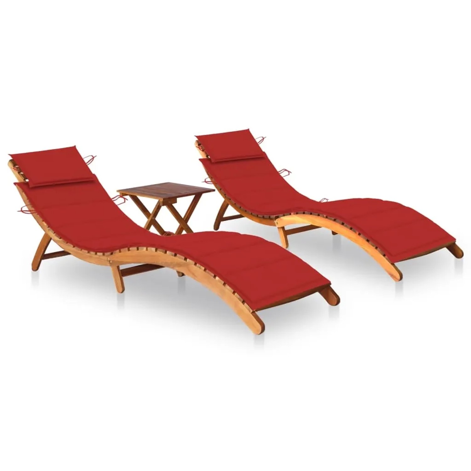 vidaXL Sonnenliegen 2 Stk. mit Tisch und Auflagen Polster-Farbe  Rot Massivholz Akazie