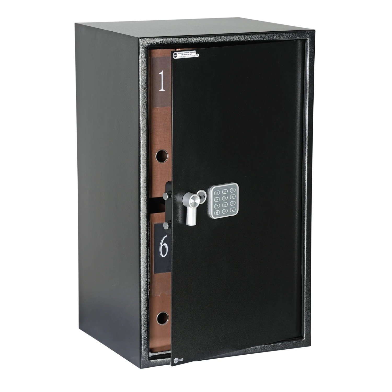 Schwarzer Yale Tresor Value Safe XL Code mit digitalem Zahlenschloss und geöffneter Tür.