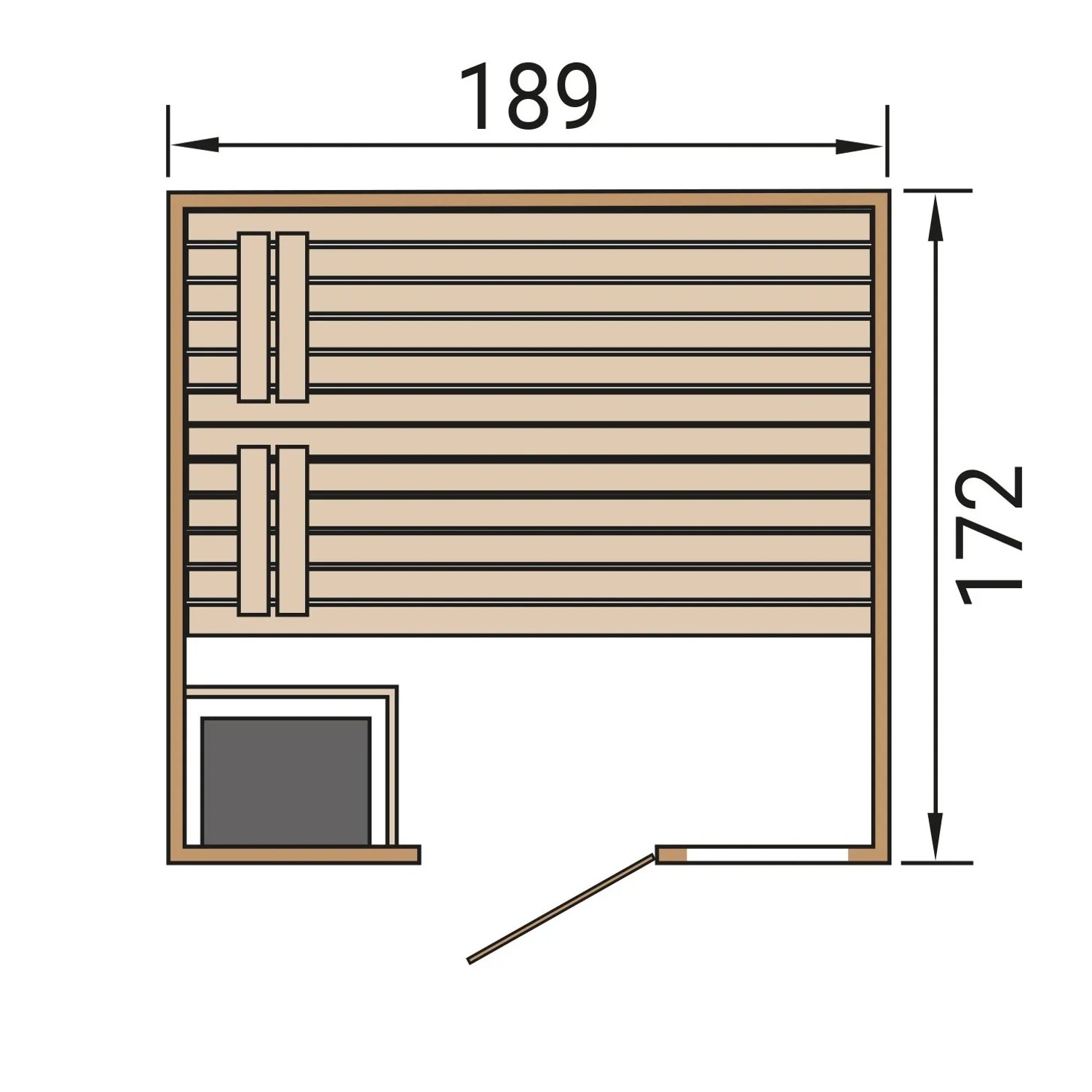 Grundriss der Weka Massivholzsauna Valida mit Maßen 189x172 cm, Glastür und Saunaleuchtenset.