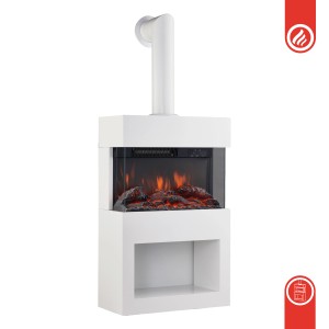 Weißer Kaminio Elektrokamin Henri mit 3D-Flammeneffekt und Ofenrohr-Imitat.