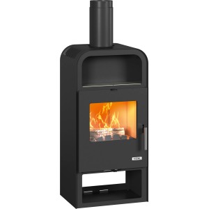 Schwarzer Kaminofen Mahan UNI-1963 4.0 mit Holzfach und eckiger Glasscheibe.