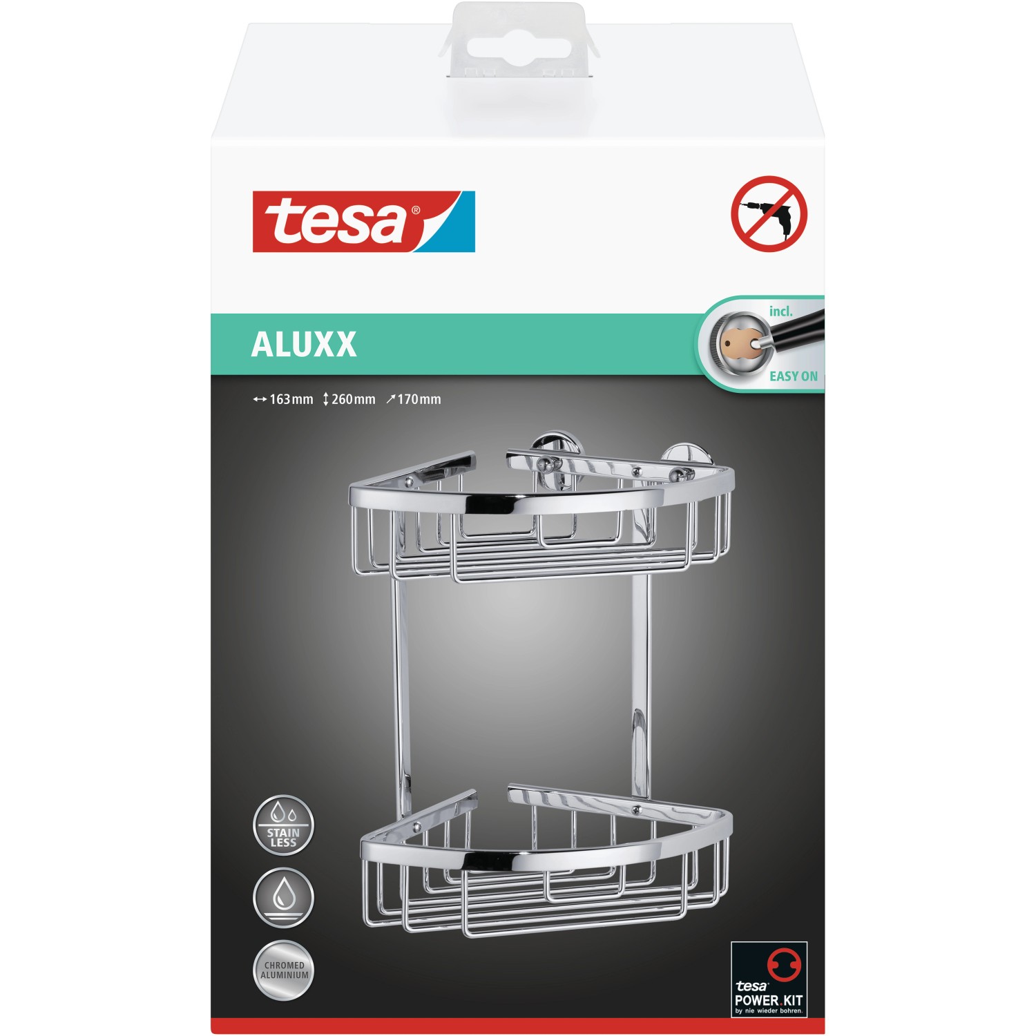 Tesa Aluxx Eckduschablage, zweistöckig, verchromtes Aluminium, zur Wandmontage ohne Bohren.