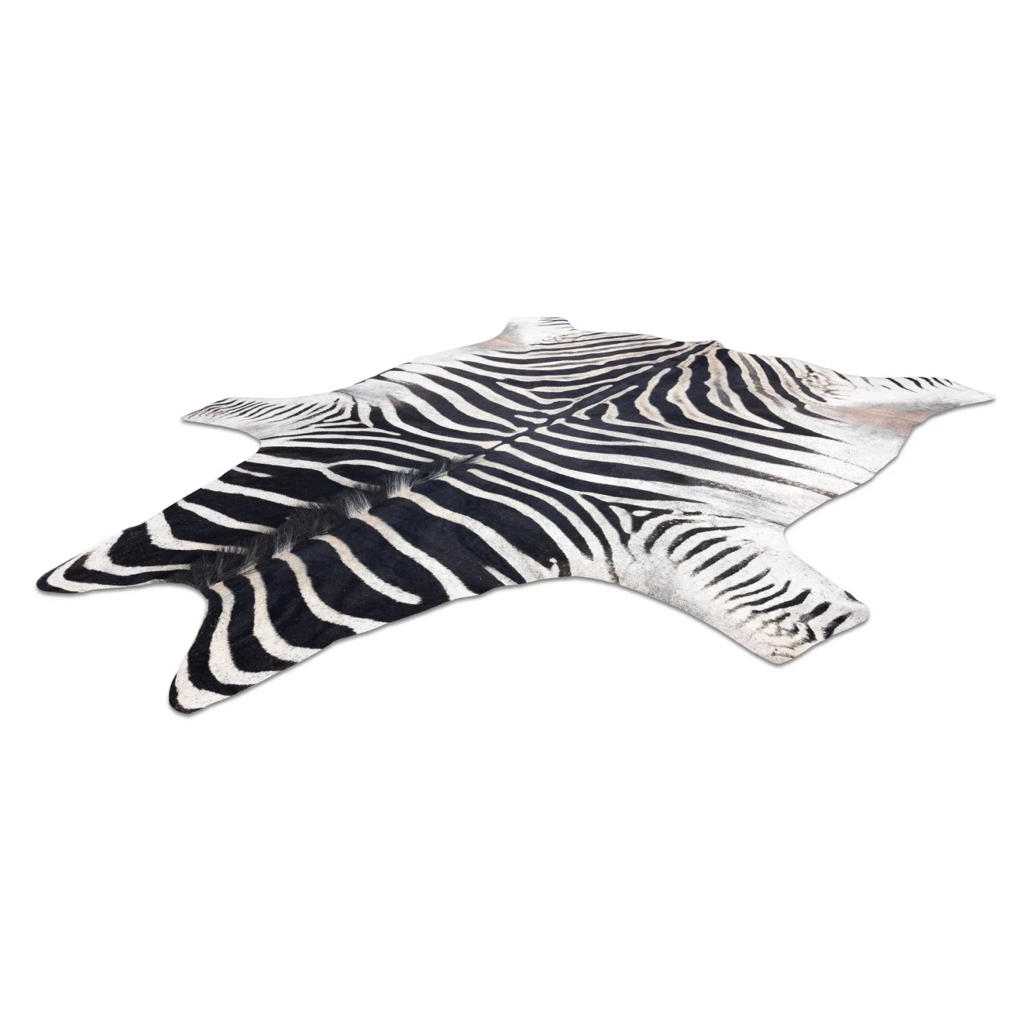 Teppich in Zebra-Optik, schwarz-weiß, aus Kunstleder, unregelmäßige Tierfellform. Dekorativer Kunstfell Teppich.