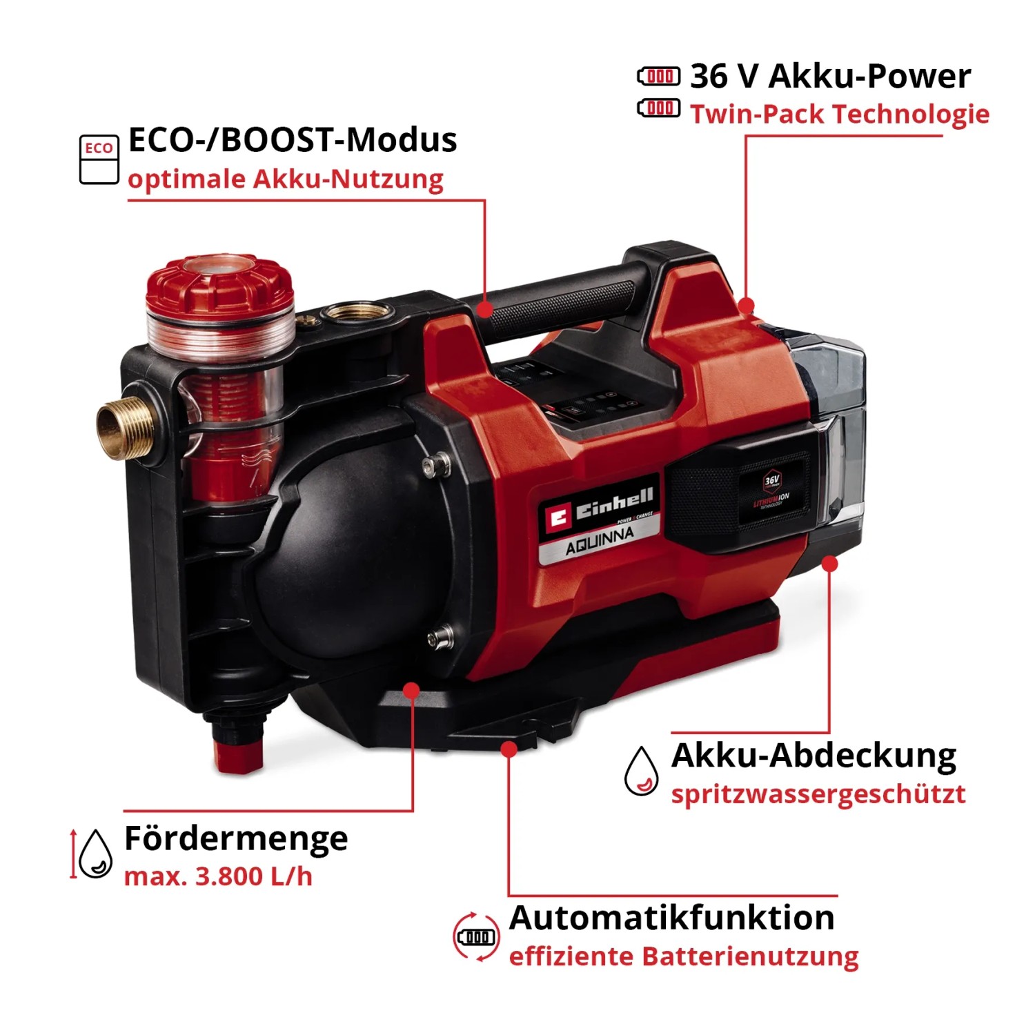 Einhell Aquinna 36/38 F LED Akku-Gartenpumpe mit Twin-Pack Technologie, rot/schwarz.