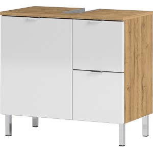 Germania Waschbeckenunterschrank GW-MAURESA Eiche, weiß, mit zwei Schubladen und chromfarbenen Füßen.