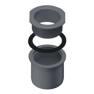 Inefa Ablaufstutzen PVC Anthrazit, zerlegt mit Dichtring. Zum Schrauben für Kastenrinne und Fallrohr.
