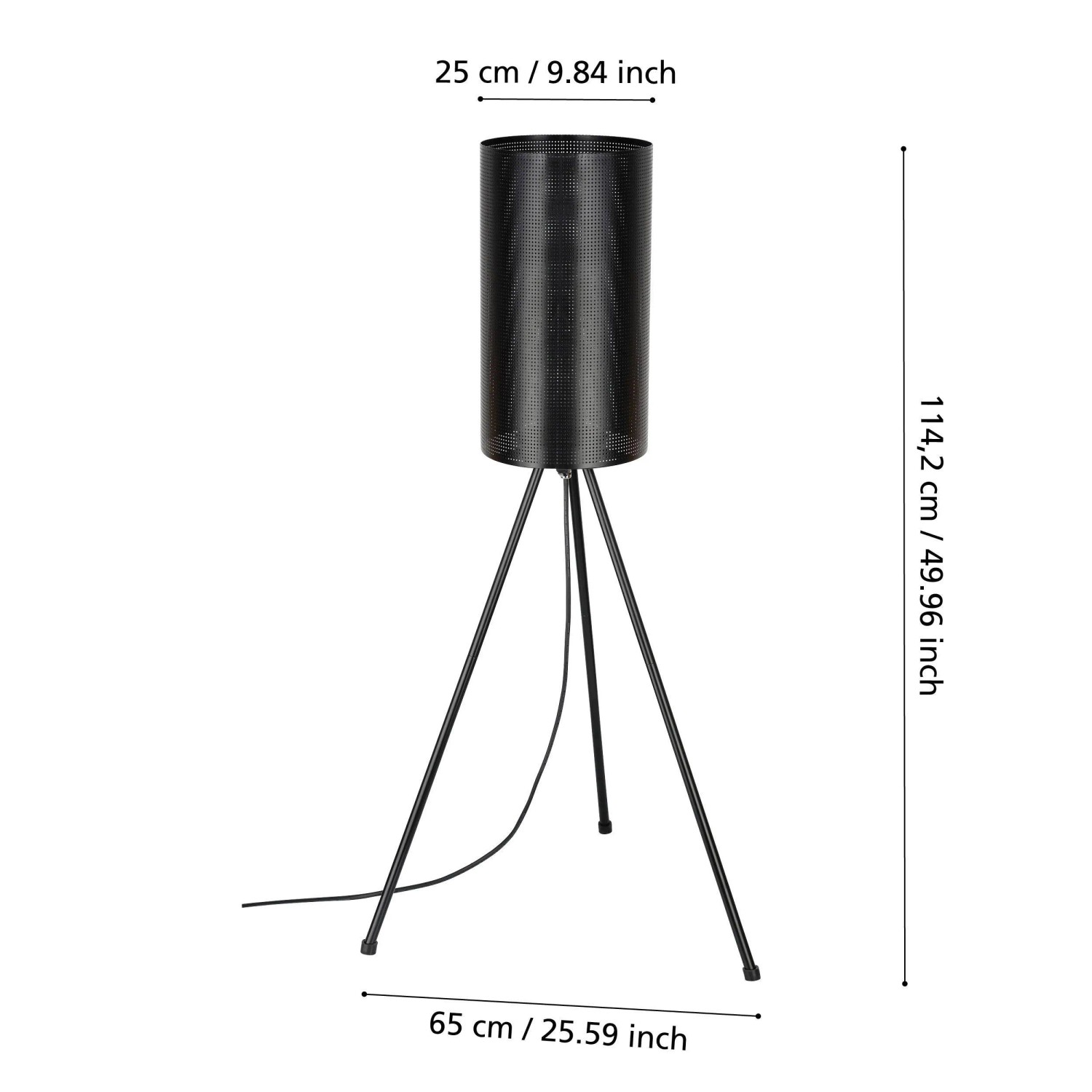 Schwarze Eglo Außen-Stehleuchte Ladunara, 114cm hoch, mit dreibeinigem Fuß und zylindrischem Lampenschirm.