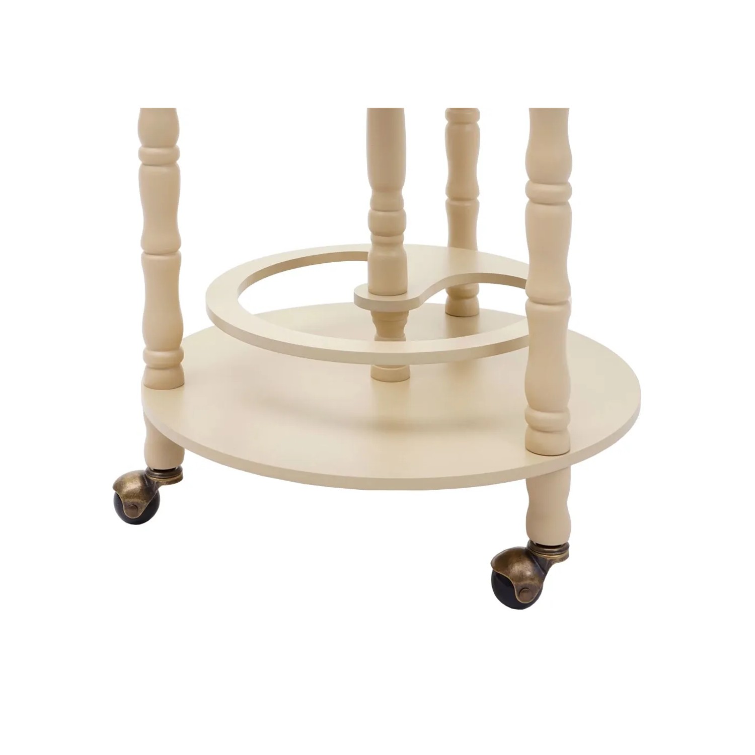 Detailaufnahme der Rollen und unteren Ablage der MCW Globusbar D83 in Naturbraun.