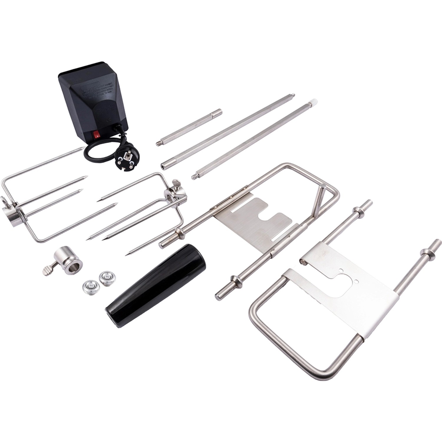 Char-Broil All-Star Grillspieß-Set mit Motor, Spießgabeln, Griff und Halterungen für gleichmäßiges Grillen.