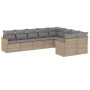 Beige 9-tlg. Garten-Sofagarnitur aus Poly Rattan mit grauen Kissen.