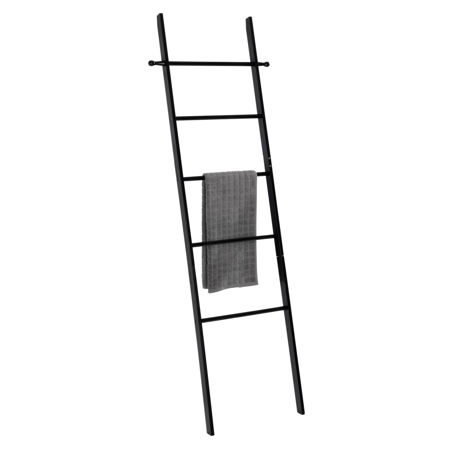 Schwarze Handtuchleiter Suri aus Bambus mit grauem Handtuch. Flexibler Handtuchhalter.