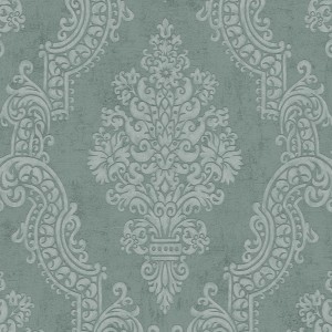 Grüne Barock Tapete mit Ornamenten im Shabby Chic Look für Wohnräume.