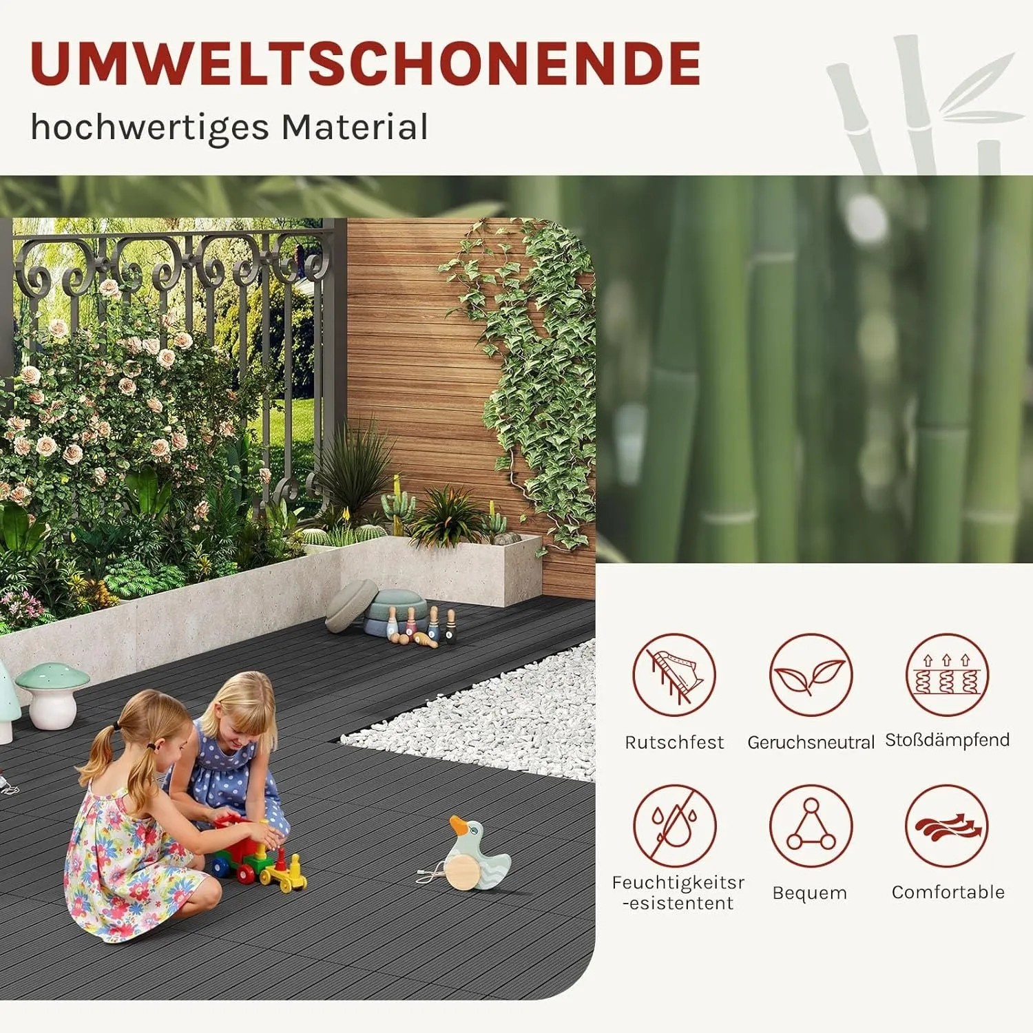 Graue WOLTU WPC Terrassendielen in Holz-Optik, 30x60cm, mit spielenden Kindern auf einer Terrasse. Klickfliesen für Garten & Balkon.