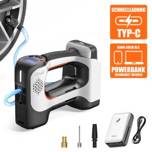 Litheli Akku-Luftpumpe mit Zubehör und Powerbank-Funktion zum Aufpumpen von Reifen.