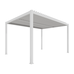 Weiße Ximax Pergola Shade aus Aluminium, 300x400 cm, mit elektrischem Lamellendach und Beleuchtung.