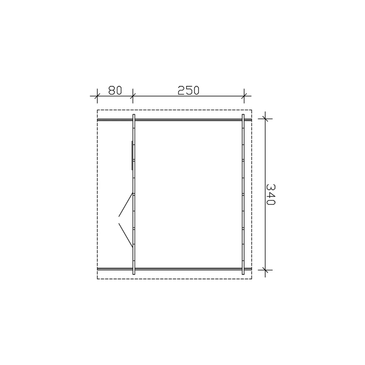 Grundriss Skan Holz Gartenhaus Langesund 1 Natur, 340x250 cm, mit Maßangaben.