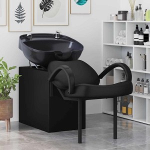 Schwarzer vidaXL Shampoo Stuhl aus PVC, höhenverstellbar, für Friseursalons und Badezimmer.