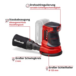 Einhell Akku-Exzenterschleifer TE-RS 18 Li Solo (ohne Akku). Kompakte Schleifmaschine in Rot/Schwarz mit Staubabsaugung.