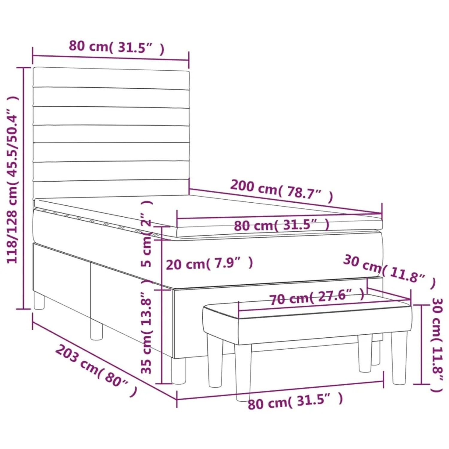 vidaXL Boxspringbett Creme 80x200 mit Matratze, Auflage und Bank. Bett mit hohem Kopfteil. Maßangaben im Bild.
