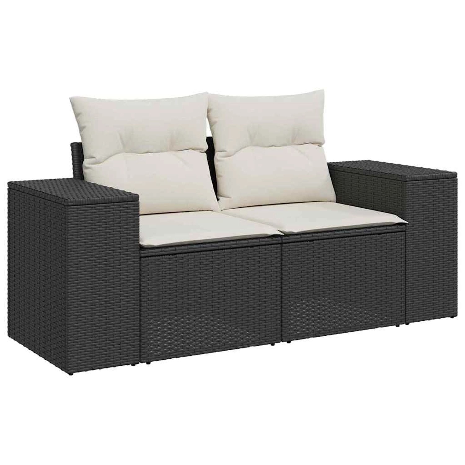 Schwarzes 10-tlg. vidaXL Garten-Sofa-Set aus Poly Rattan mit Tisch und hellen Auflagen.