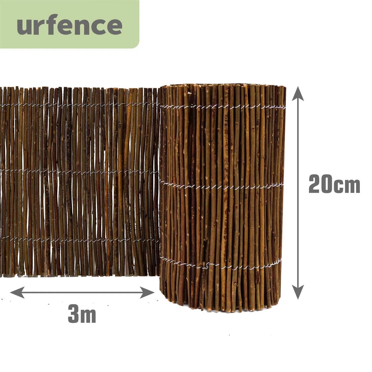Urfence flexible Beeteinfassung Weide, 300x20 cm. Gerollter und teilweise ausgerollter Holzzaun für den Garten.