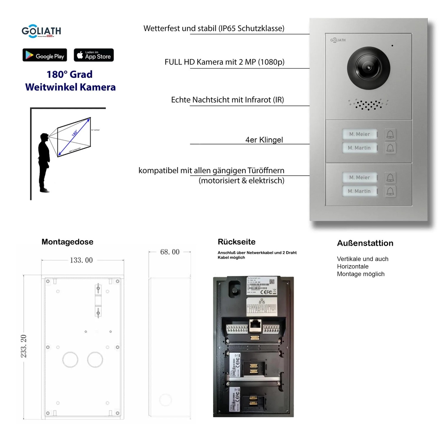 Goliath IP Video Türsprechanlage für 4 Familien, 7 Zoll, schwarz/silber, Unterputz.