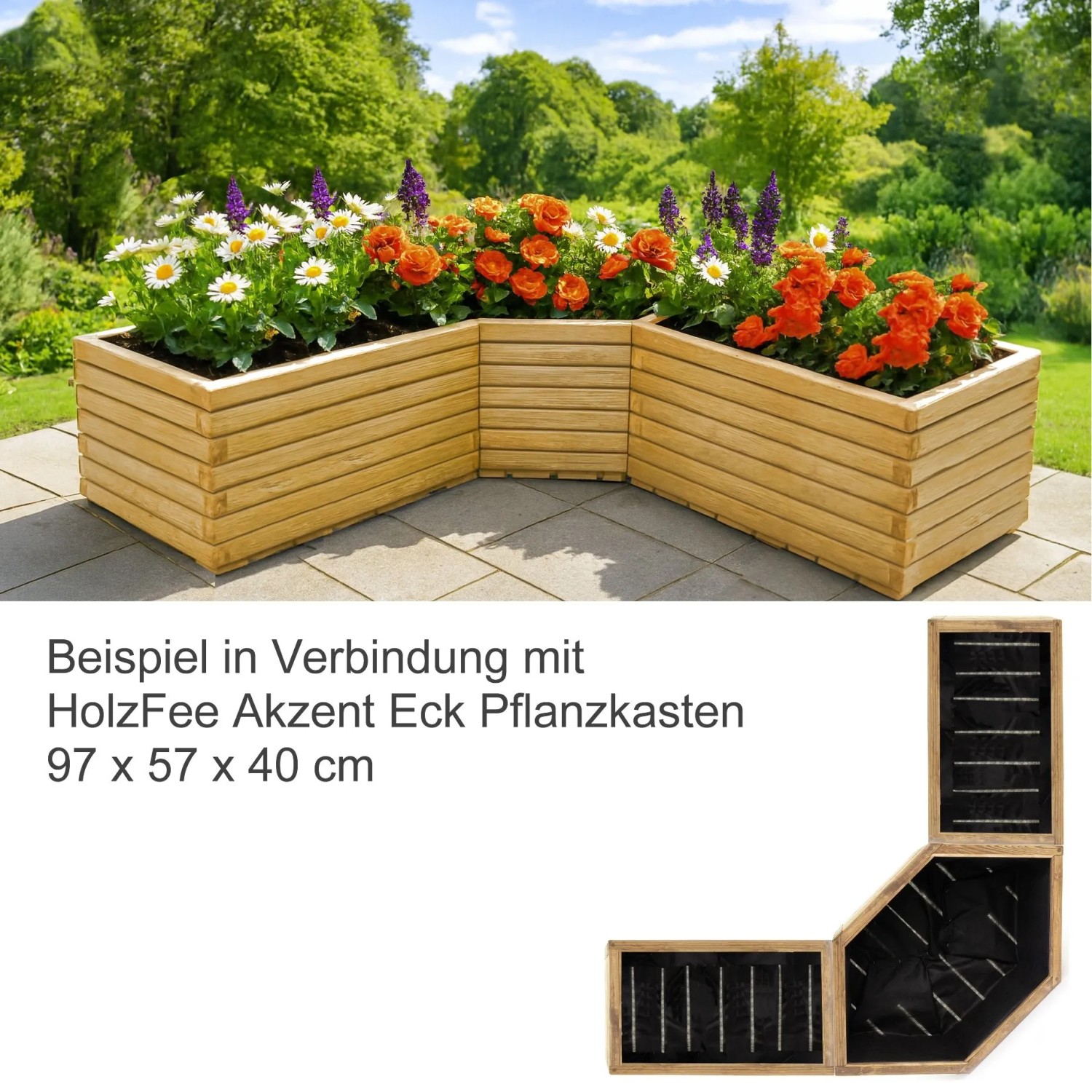 Heller HolzFee Akzent Pflanzkasten aus Kiefernholz, rustikal, mit bunten Blumen auf Terrasse. Innenansicht mit Vlies.