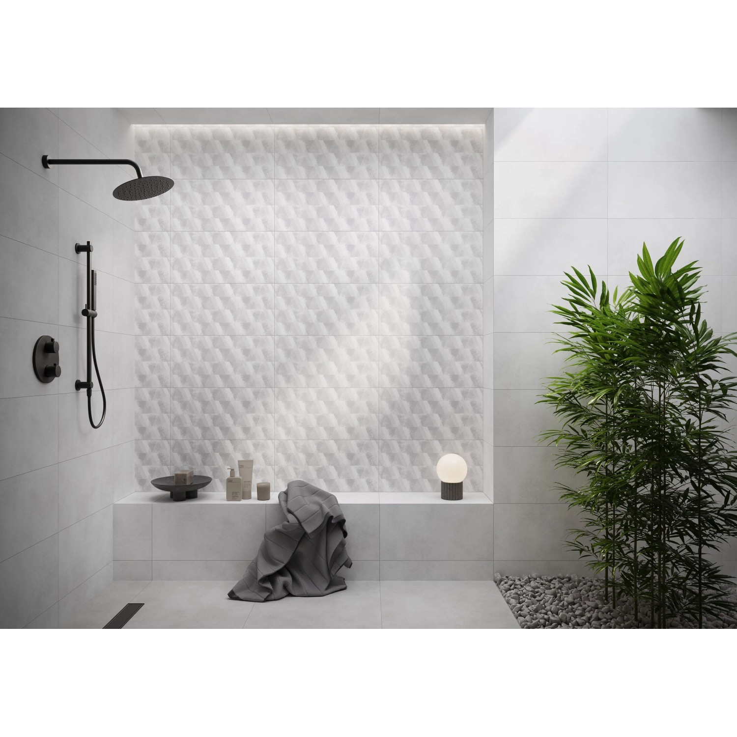 Cersanit Wandfliese Steingut Lichtgrau Decoration 30x60 cm in modernem Bad mit geometrischer Struktur.