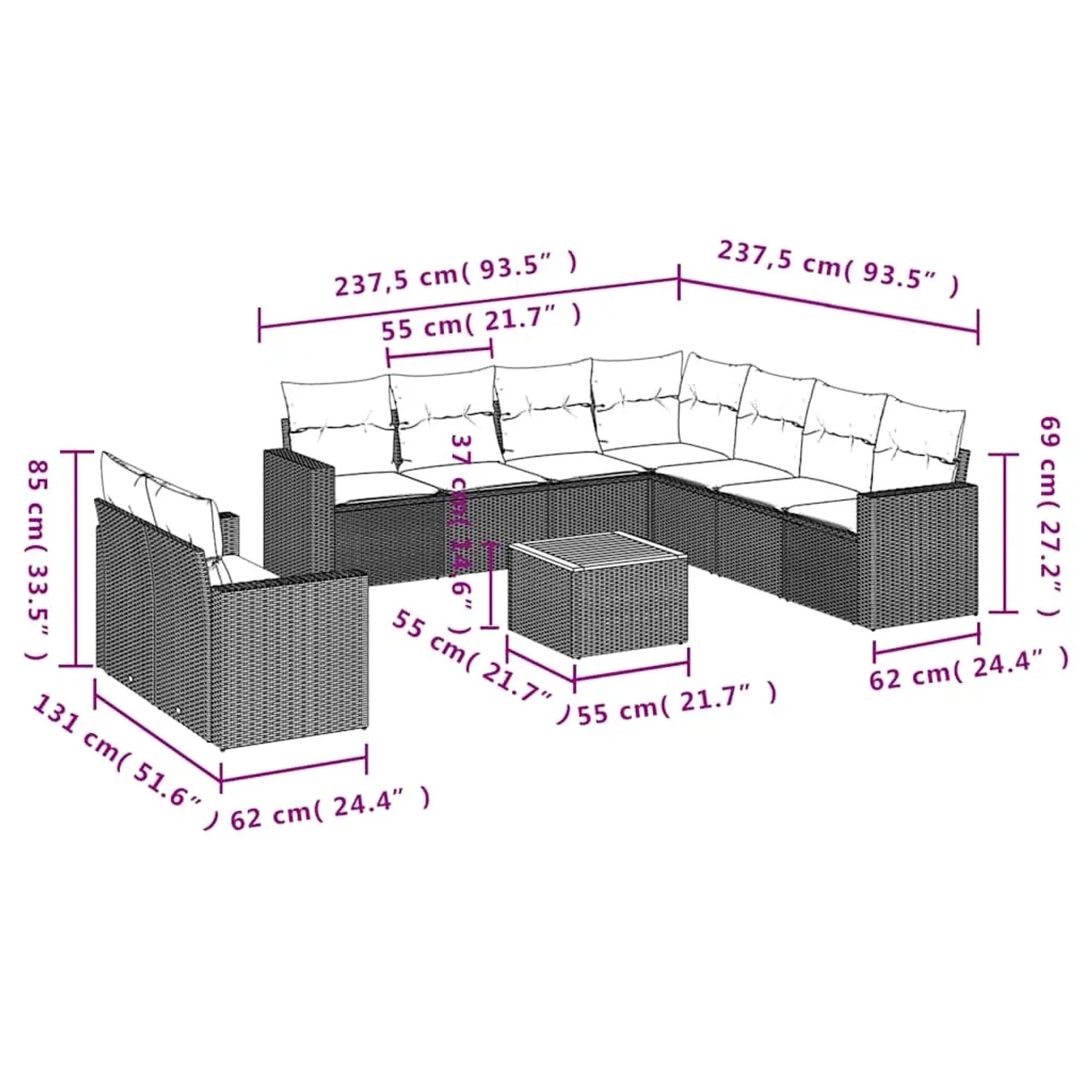 vidaXL 10-tlg. Garten-Sofagarnitur aus Poly Rattan, schwarz, mit Tisch und cremeweißen Kissen.