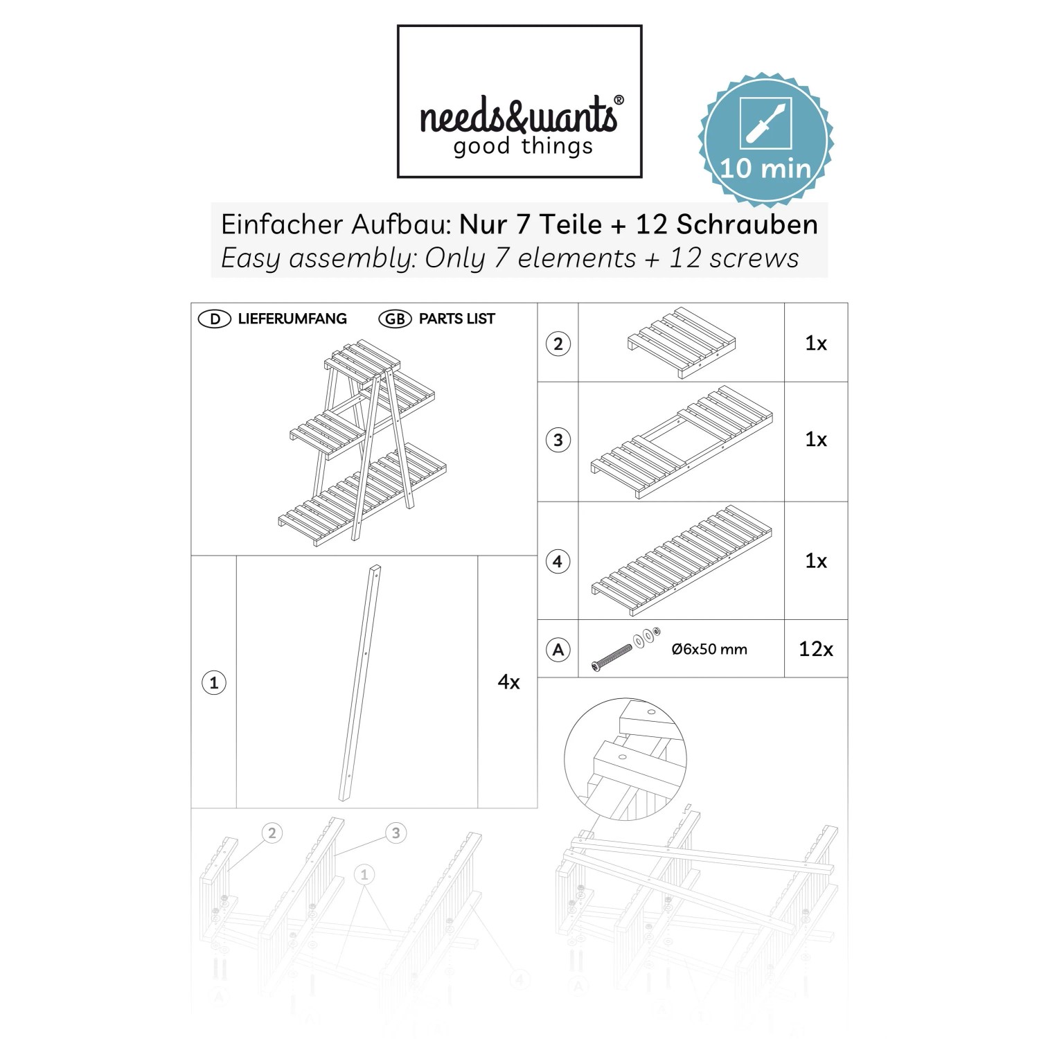 Aufbauanleitung für needs&wants Pflanzenregal Bloomy2: Einzelteile und Schrauben für einfache Montage.