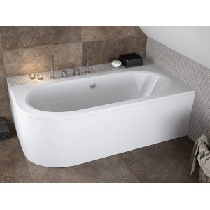 Weiße Eckbadewanne AVITA 180x80 mit Acrylschürze, Ablauf und Füßen in modernem Badambiente.