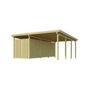 Weka Einzelcarport mit Geräteraum, Holzkonstruktion mit PVC-Dach, 512x579 cm.