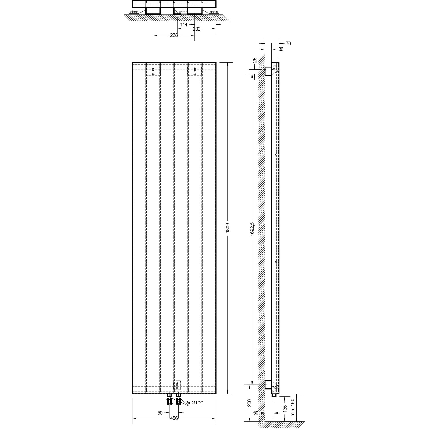 Technische Zeichnung Schulte Design-Heizkörper New York, Maße 180,6 x 45,6 cm, Heizkörper für Wohnraum.