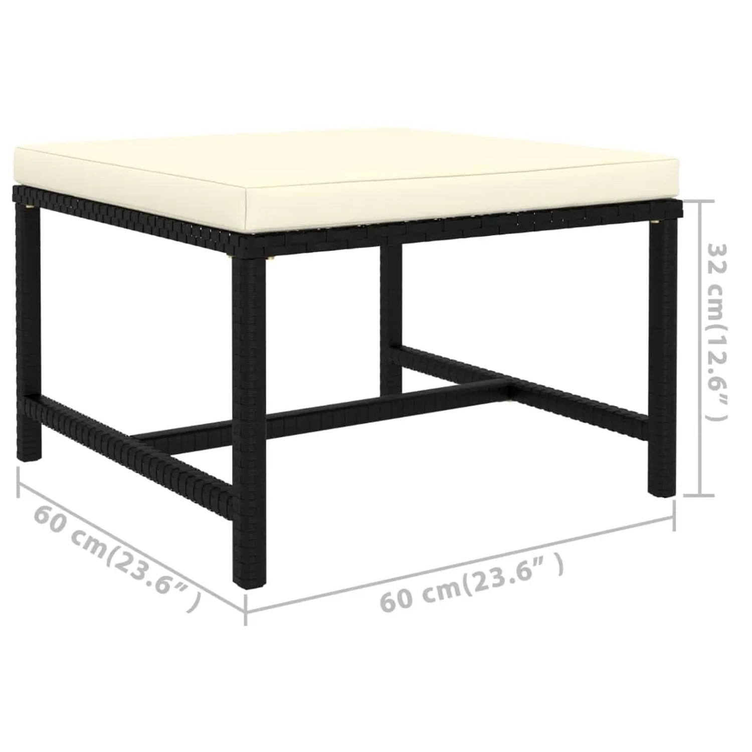 Schwarzer vidaXL Gartenhocker aus Rattan mit cremefarbenem Kissen, Teil des 7-tlg. Lounge Sets.