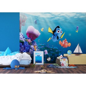 Kinderzimmer mit Disney Findet Dorie Fototapete in Blau, Unterwasserwelt mit Fischen.