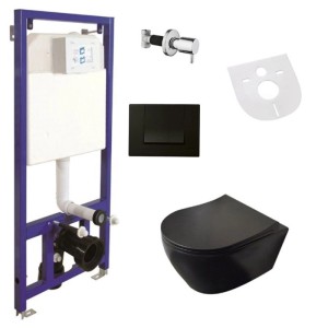 Belvit Dusch-WC Komplettset in Schwarz matt mit Vorwandelement, Betätigungsplatte, Schallschutz und Absperrventil.