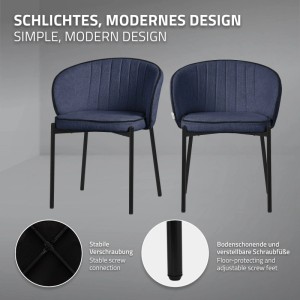 Zwei dunkelblaue Esszimmerstühle mit Stoffbezug, schwarzem Metallgestell und gepolsterter Rückenlehne. Modernes Design, verstellbare Füße.