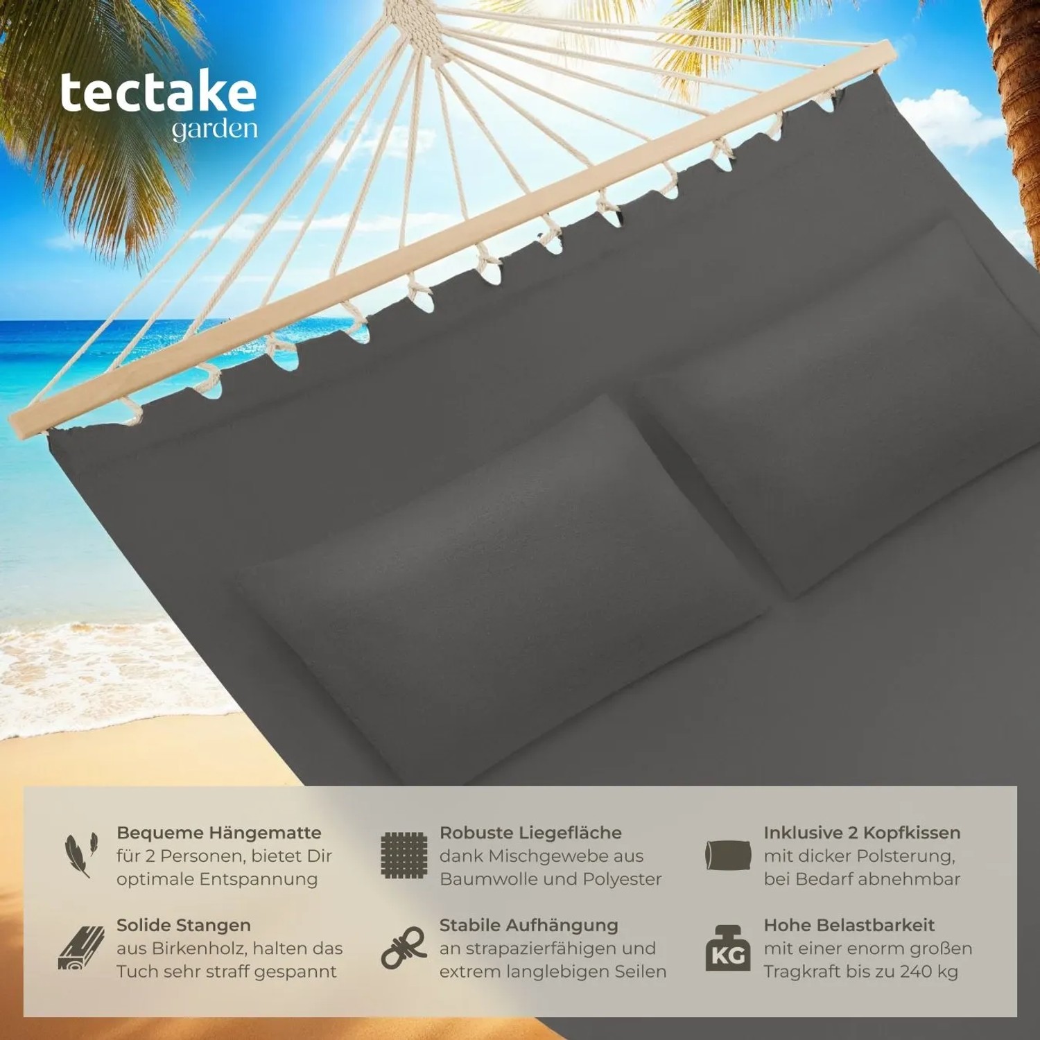 Tectake Hängematte Eden Mit Spreitzstäben  Für 2 Personen Strapazierfähiger Stoff  325 x 150 x 2 50 cm Dunkelgrau_2