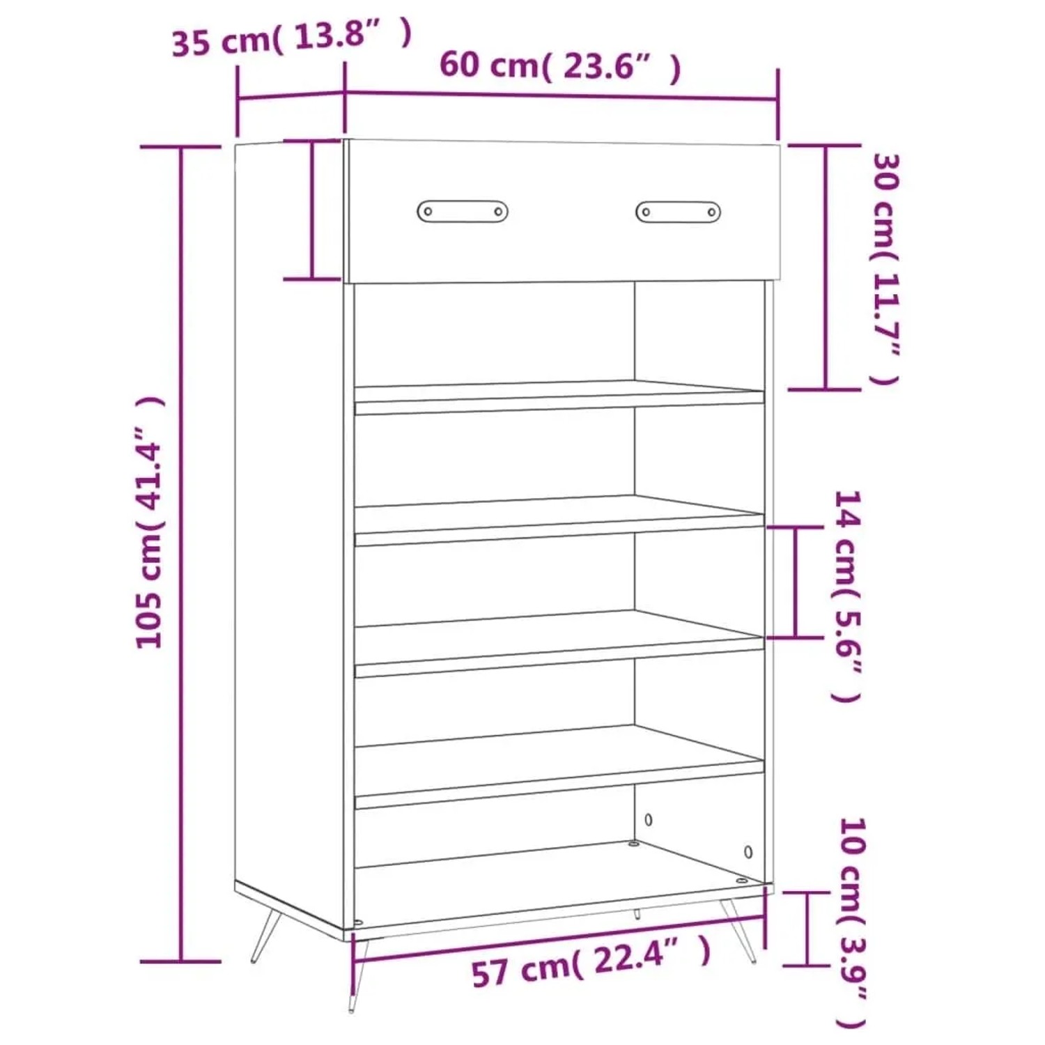 Schwarzer vidaXL Schuhschrank (60x35x105 cm) aus Holzwerkstoff mit Schublade und offenen Fächern.
