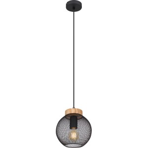 Globo Hängeleuchte Pablo, 1-flammig, schwarz matt, mit Holzapplikation. Pendelleuchte im modernen Design.