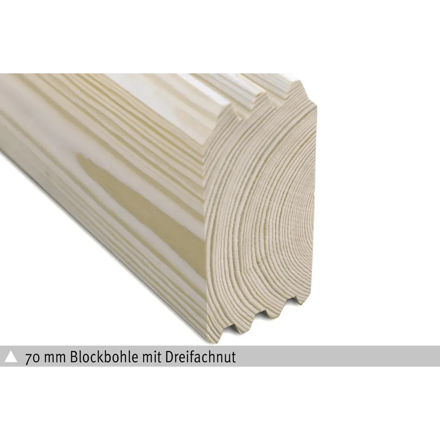Detailaufnahme: 70 mm Blockbohle mit Dreifachnut für Skan Holz Gartenhaus Montral.