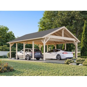 Naturbelassener Palmako Carport Robert aus Holz mit zwei geparkten Autos.