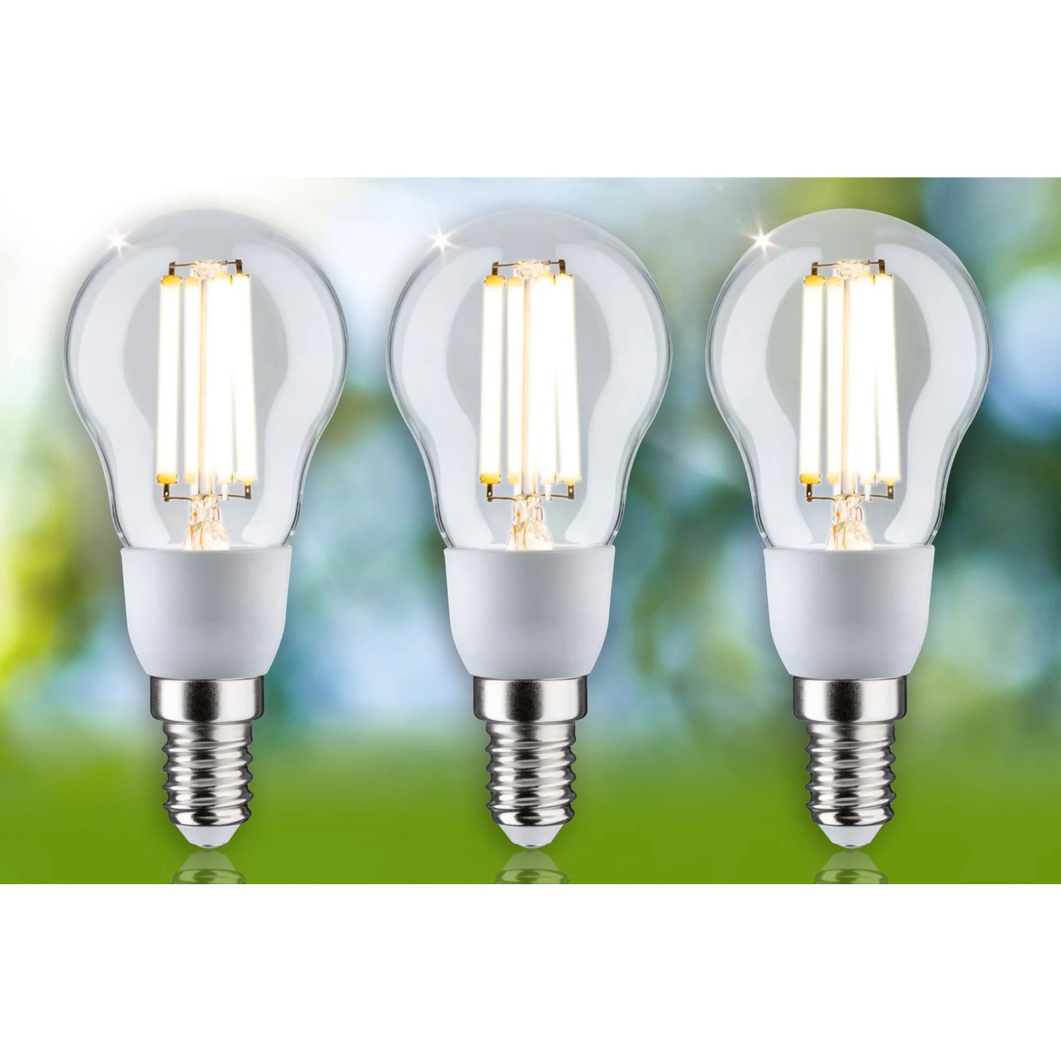 Drei Paulmann E14 LED Leuchtmittel in Tropfenform, 2,5 W, warmweißes Licht.