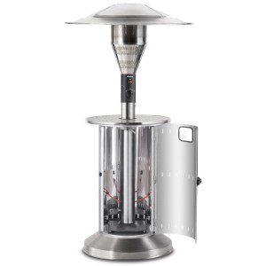 Enders Terrassenheizer Commercial mit Turbobrenner, Ablagetisch und offener Tür zur Gasflasche.
