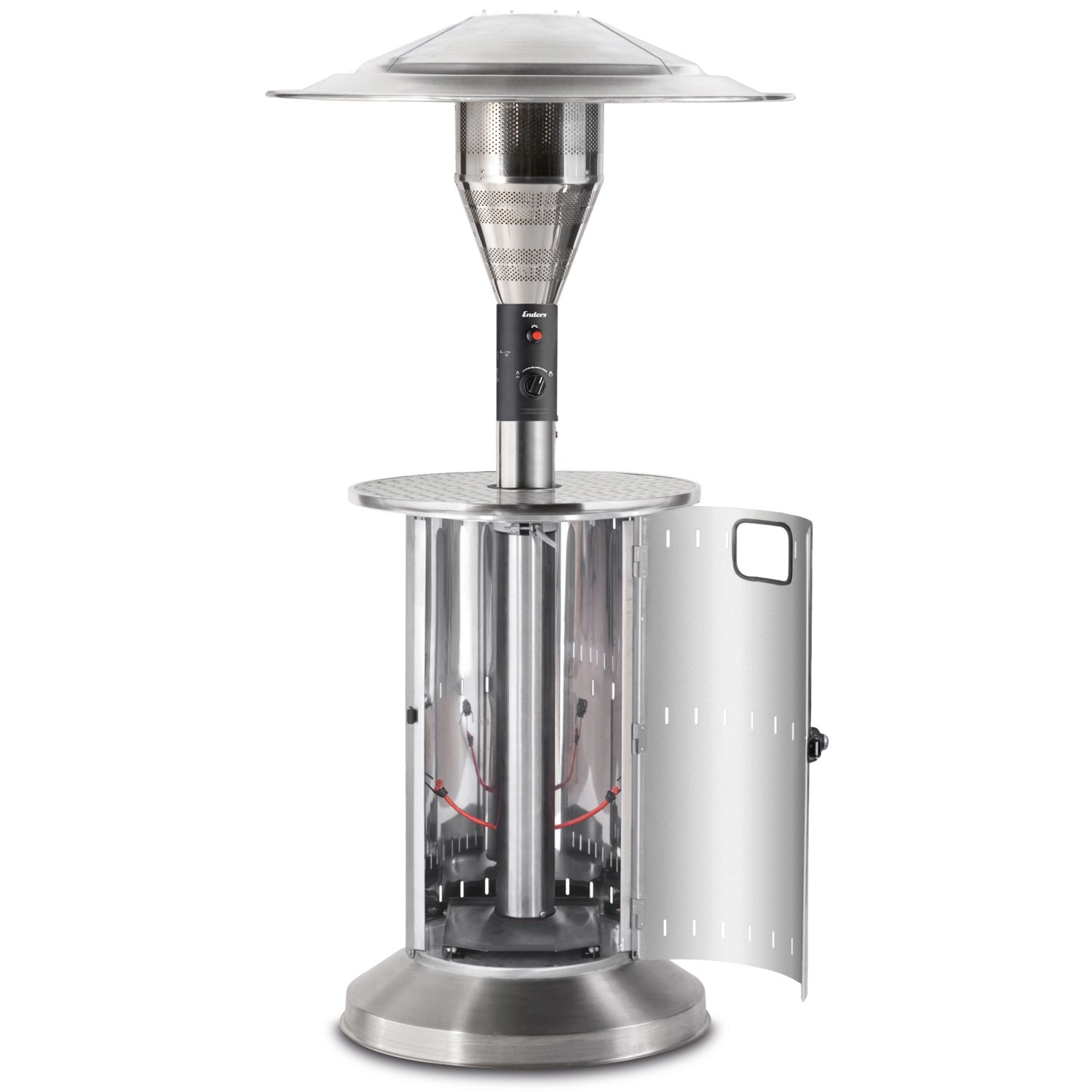 Enders Terrassenheizer Commercial mit Turbobrenner, Ablagetisch und offener Tür zur Gasflasche.