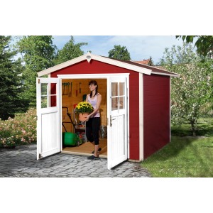 Lasiertes OBI Outdoor Living Holz-Gartenhaus Monza mit Satteldach, 205x229 cm, rot-weiß, mit offener Doppeltür.