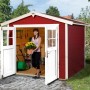 Lasiertes OBI Outdoor Living Holz-Gartenhaus Monza mit Satteldach, 205x229 cm, rot-weiß, mit offener Doppeltür.