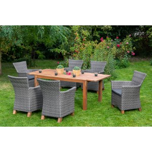 Merxx Toskana Gartenmöbel-Set, 7-teilig: Tisch ausziehbar, 6 Sessel mit Auflagen. Ideal für den Garten.
