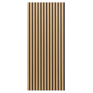 Fibrotech Akustikpaneel Decor 120 Eiche Hell. Vertikale Holzlamellen auf dunklem Hintergrund für Schallabsorption.