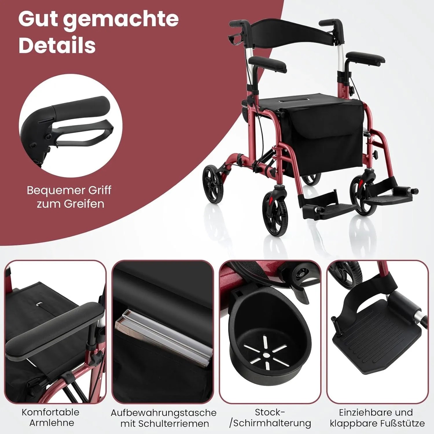 Costway Rollator Faltbar & Leicht Gehhilfe 6-Fach Höhenverstellbar Rot_4
